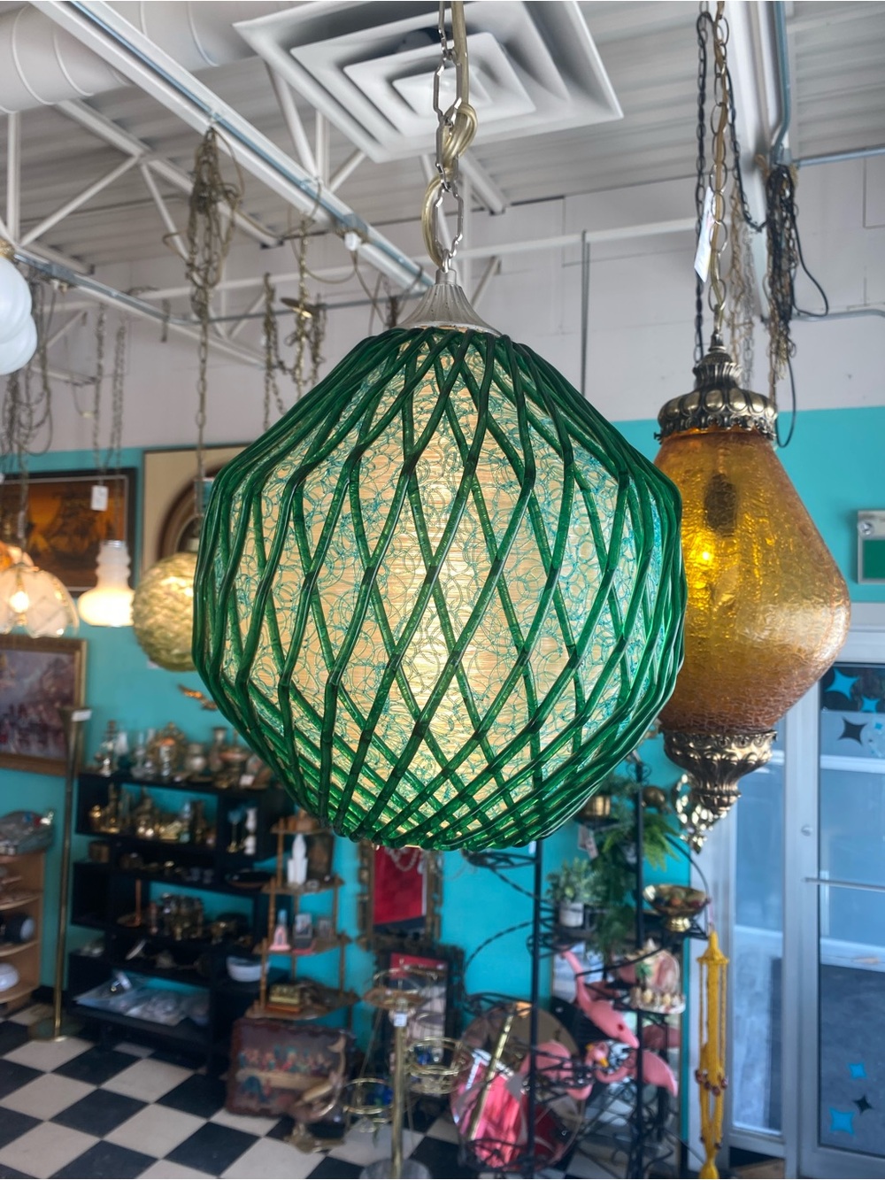 Vintage acrylic swag lamp green blue spaghetti ribbon funky WORKS